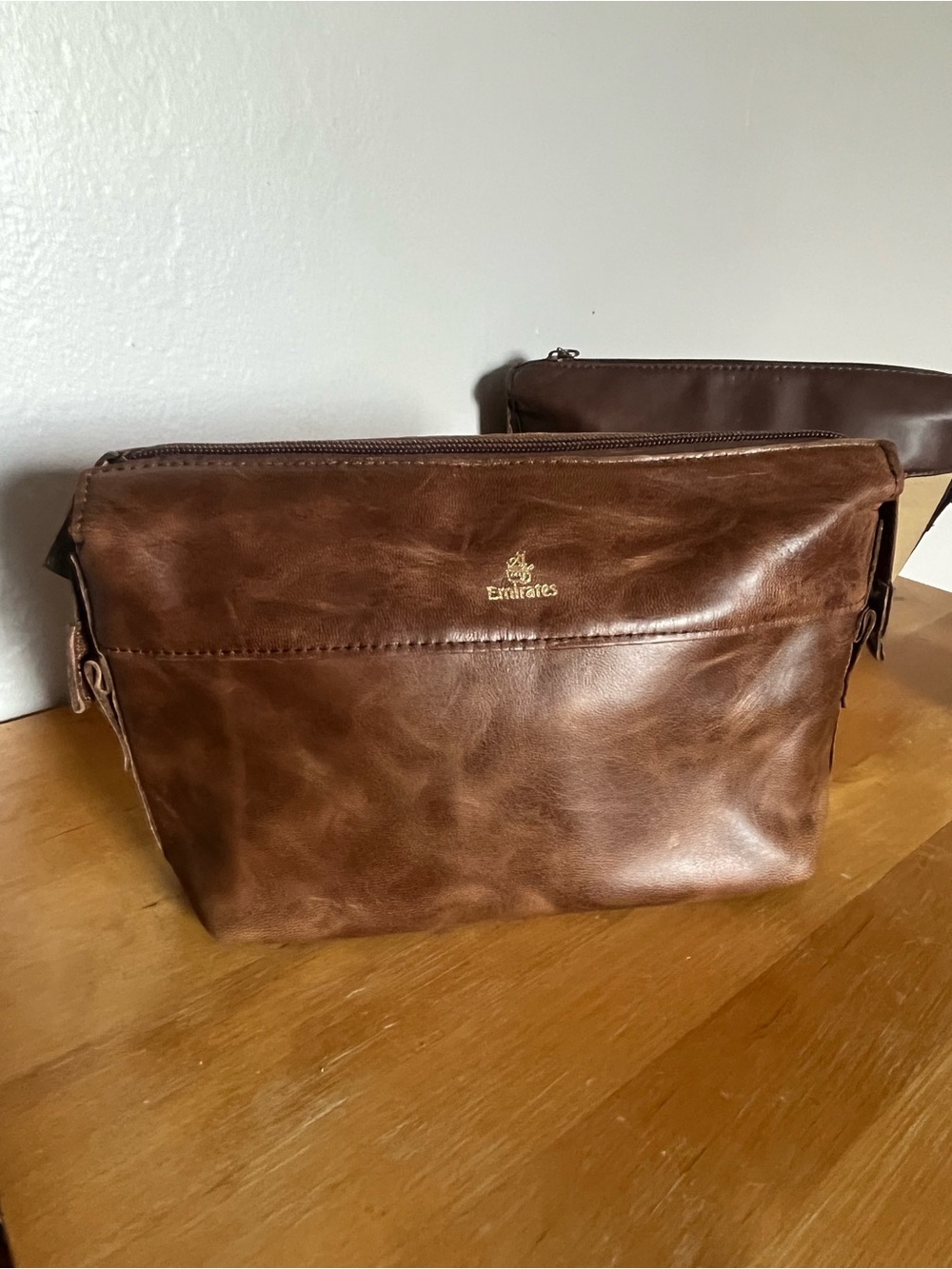 Lot of 2 Vintage Emirates Brown Leather Canvas Toiletry Dopp Kit Travel Bags